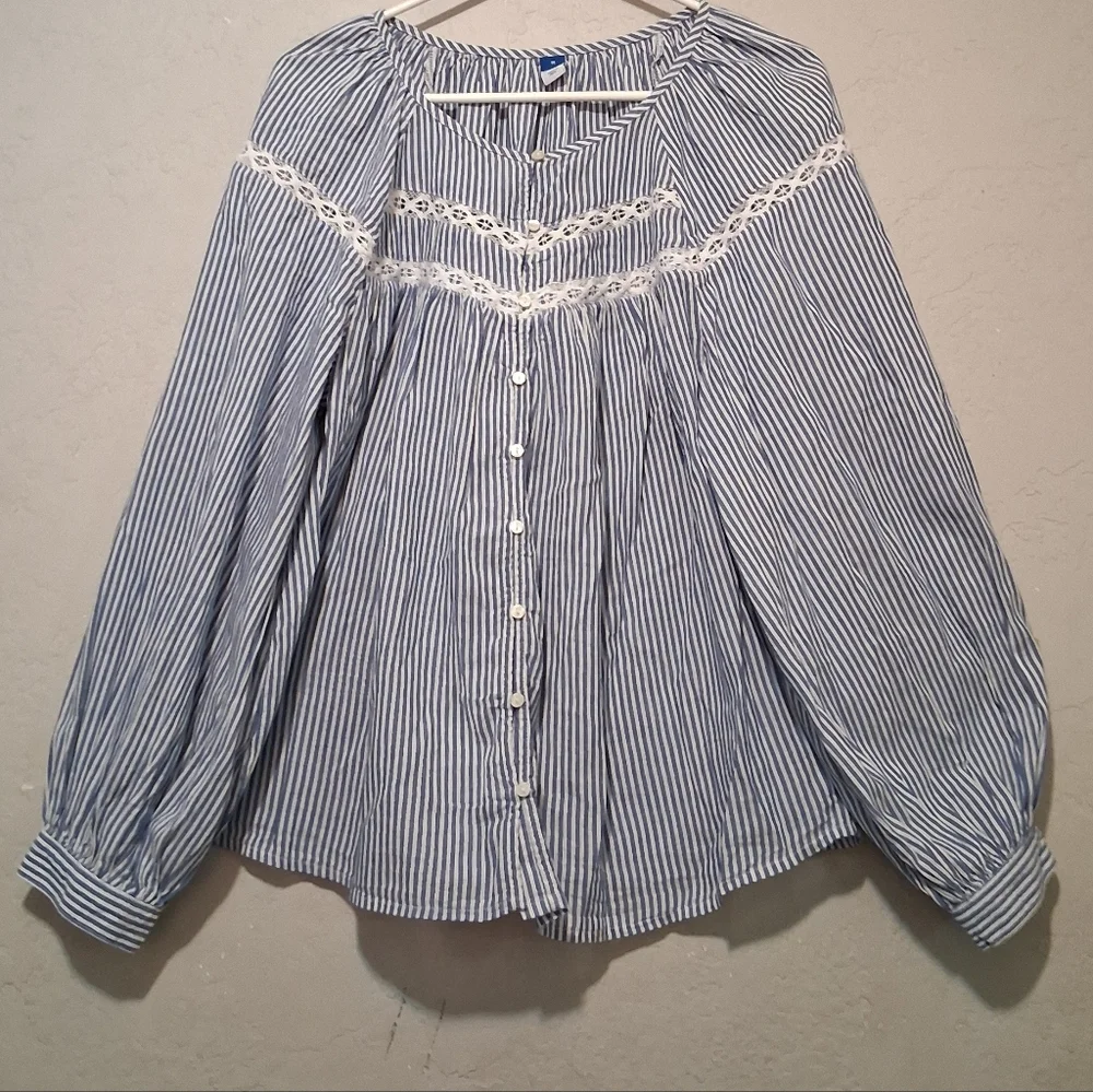 Old Navy Puff Sleeve‎ Lace Button Front Striped Blouse Lightweight Peasant Boho